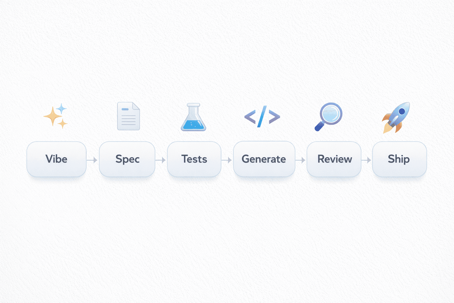 Flow diagram — Vibe → Spec → Tests → Generate → Review → Ship