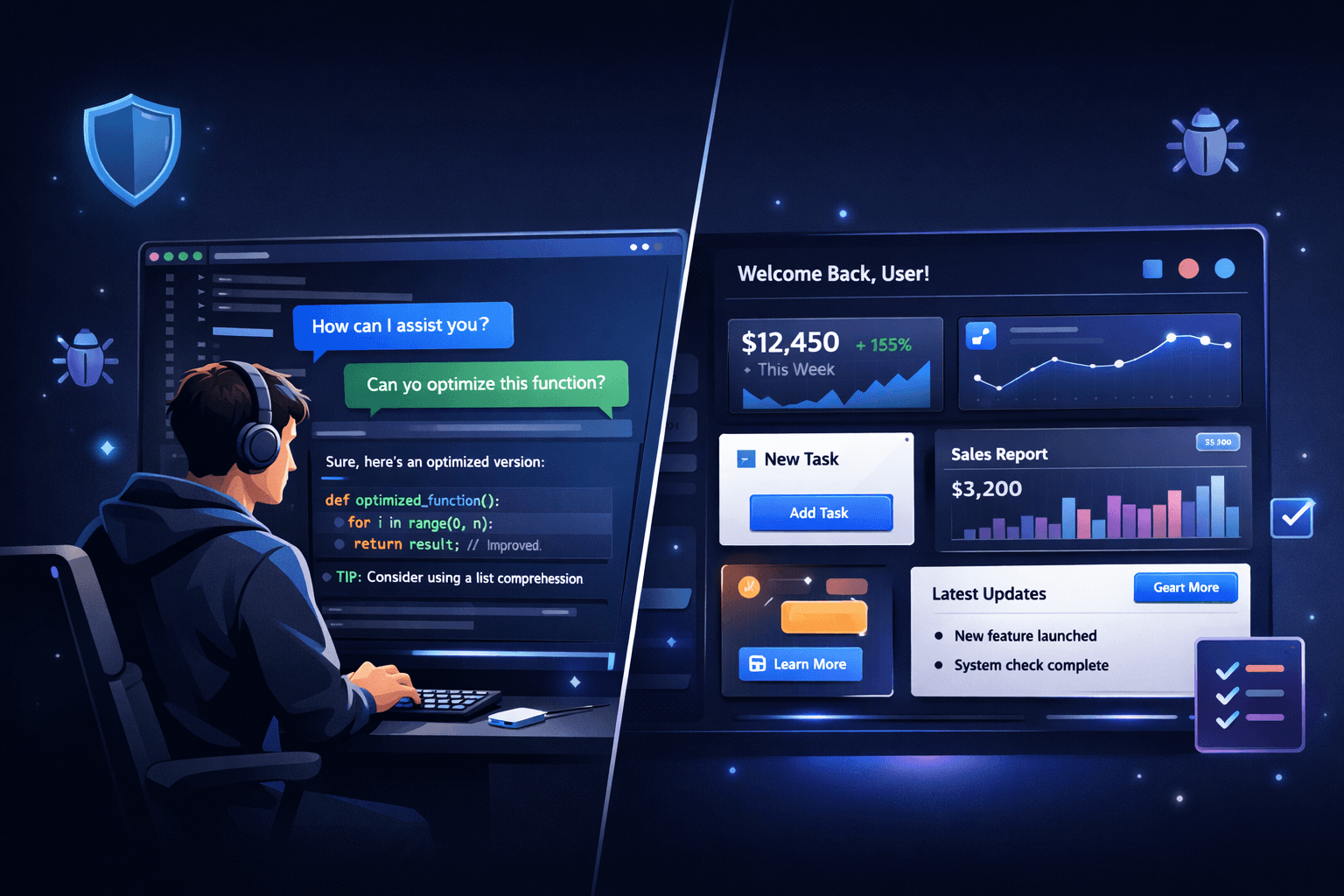 Illustration of a creator prompting AI to generate an app, with a prototype UI on one side and source code on the other.