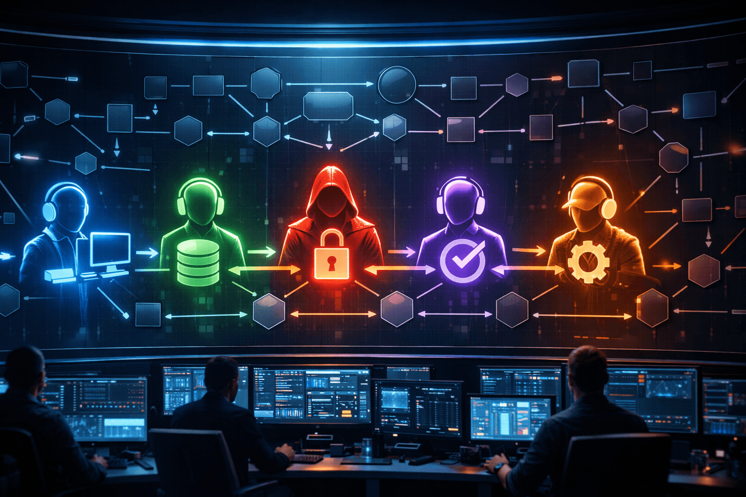 AI orchestration dashboard showing multiple specialized agents collaborating in a workflow graph