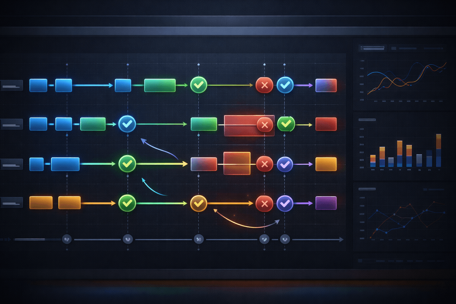 Timeline UI showing agent steps with checkpoints, evaluator failures, retries, and successful synthesis